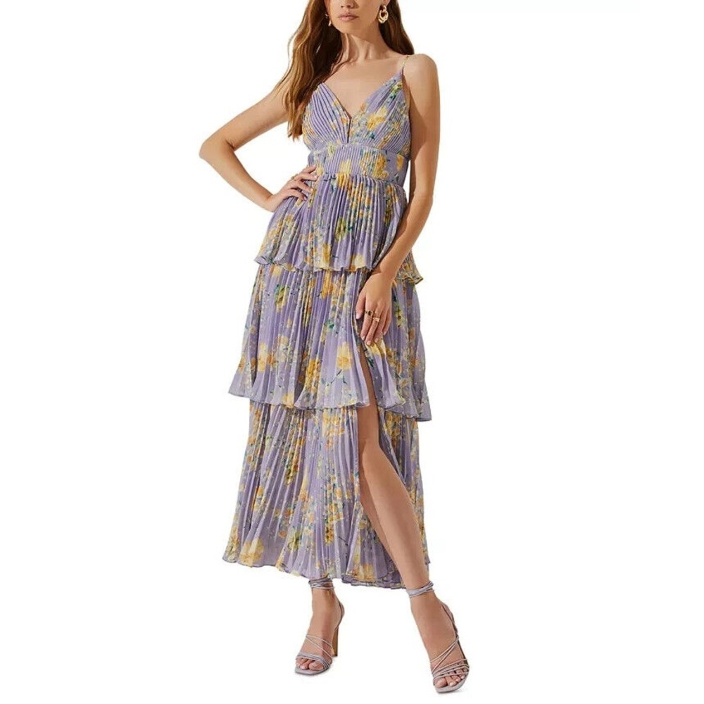 ASTR the Label Women's Zaida Pleated Maxi Dress Purple Yellow Size Medium M New